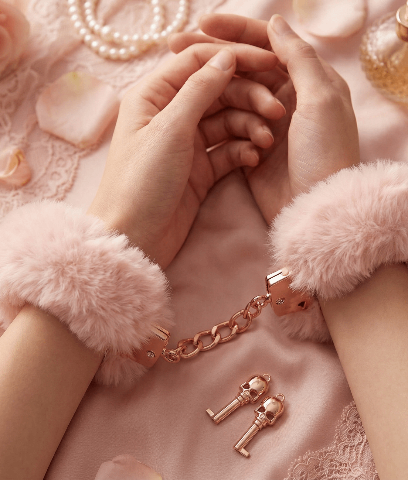 Mr. & Mrs. Pluszowe kajdanki kostiumowe z kluczykami pudrowe